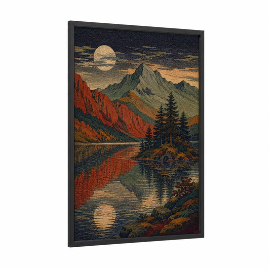 Mountain Lake Sunset Wall Art framed art print — black wood frame — orange and blue palette
