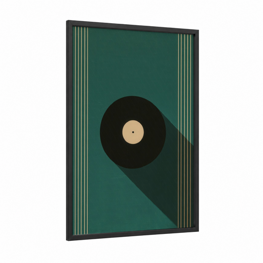 Retro Vinyl Record framed vinyl records print — black wood frame — teal and gold palette