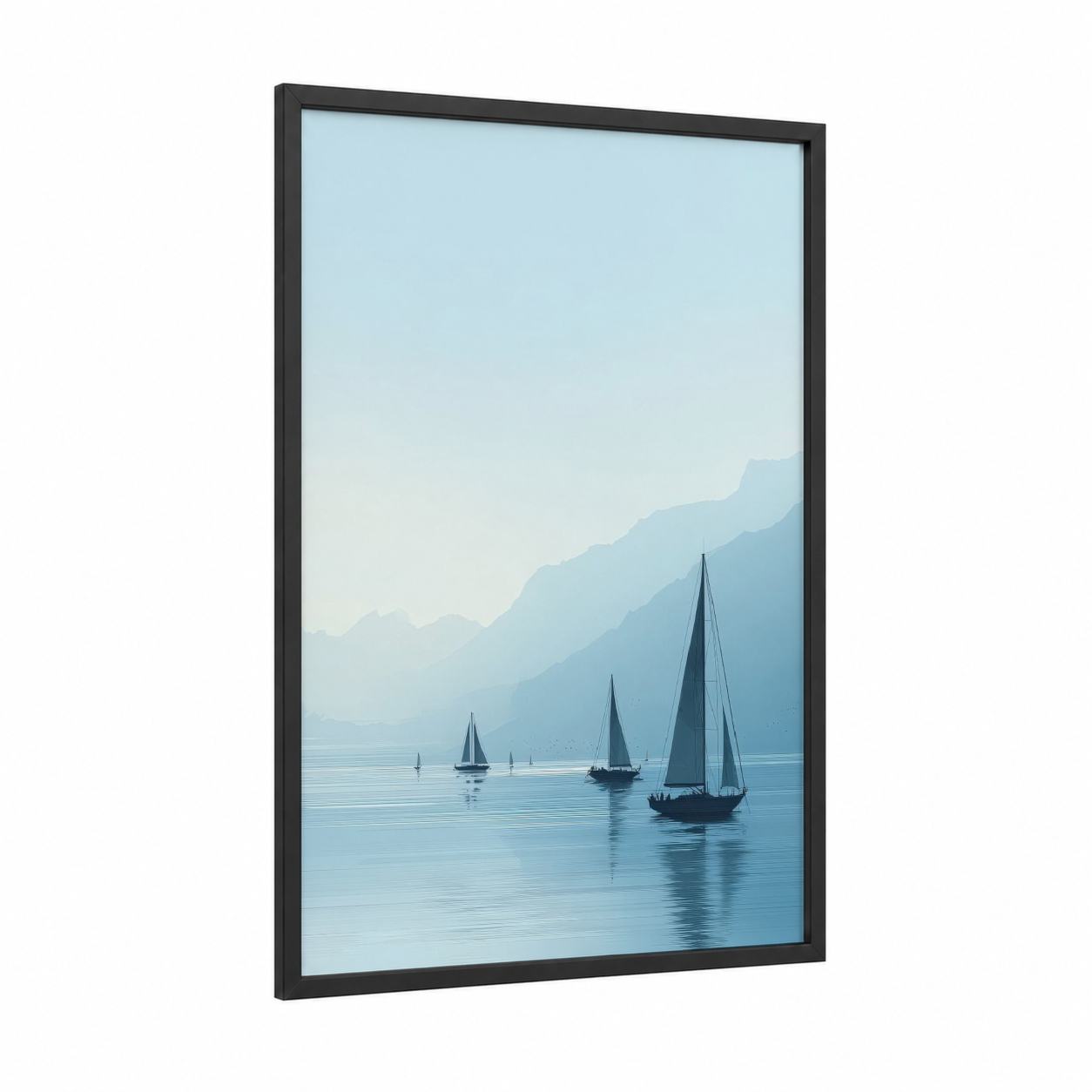 Alpine Sailboats framed sailing ship print — black wood frame — blue and light blue palette