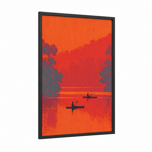 Golden Hour Paddlers framed canoeing and kayaking print — black wood frame — orange and red palette