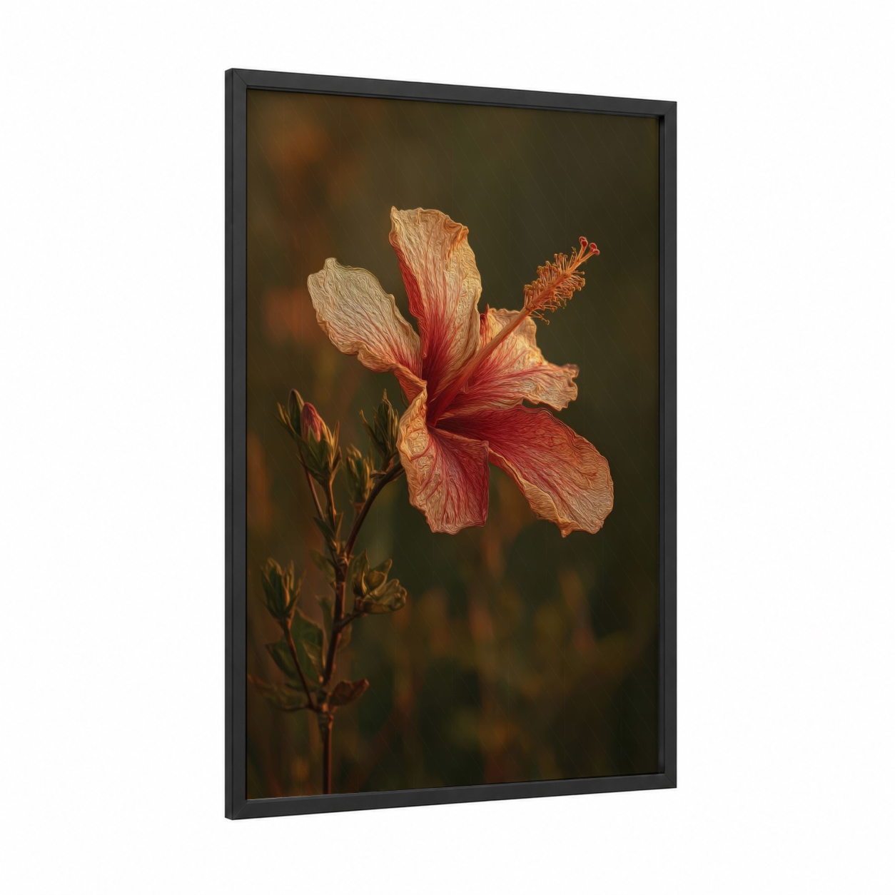 Crimson Hibiscus framed art print — black wood frame — gold and russet palette