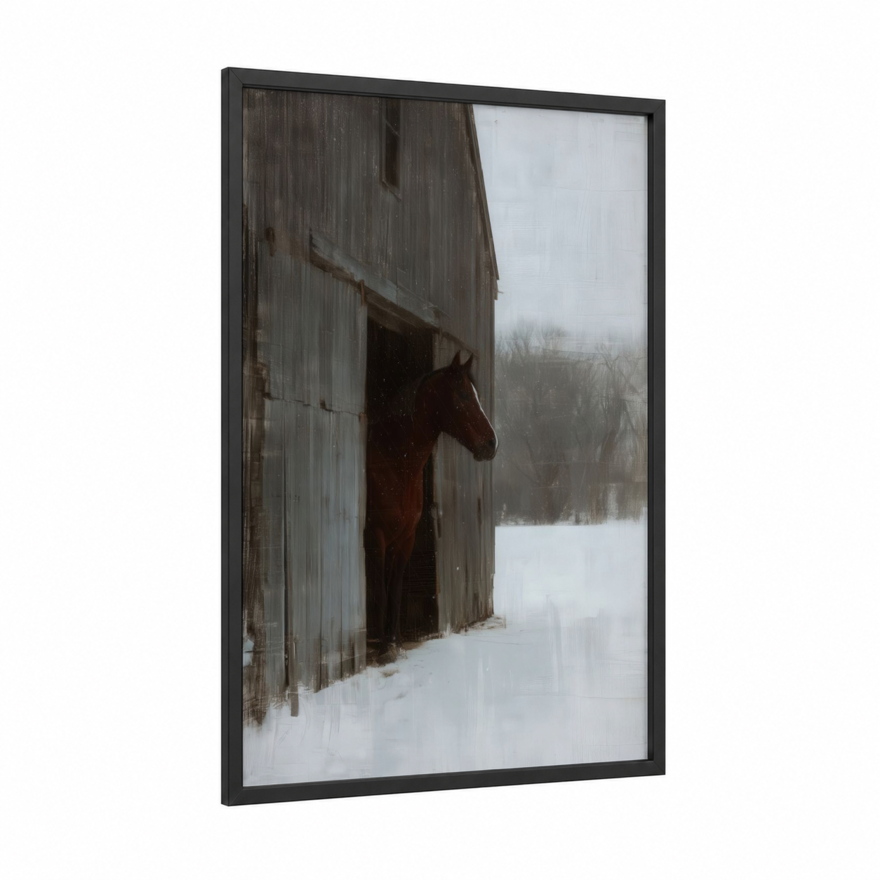 Snowy Barn Horse framed quarter horse print — black wood frame — gray and white palette