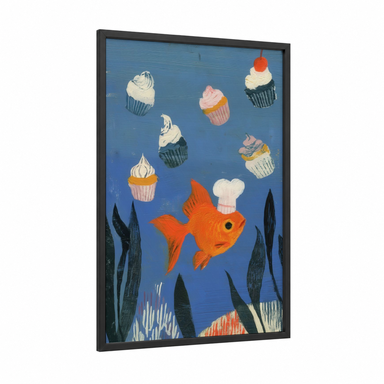 Goldfish Chef framed art print — black wood frame — blue and orange palette