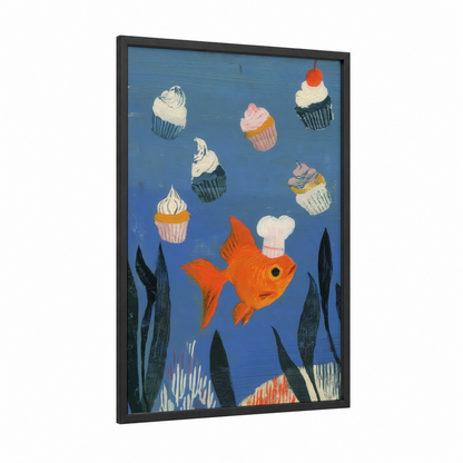 Goldfish Chef framed art print — black wood frame — blue and orange palette