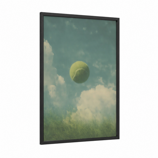 Floating Tennis Ball framed art print — black wood frame — teal and cream palette