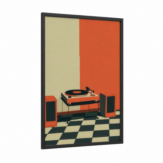 Retro Turntable Setup framed vinyl records print — black wood frame — orange and cream palette