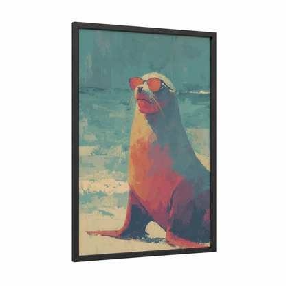 Sunglasses Sea Lion framed art print — black wood frame — red and teal palette