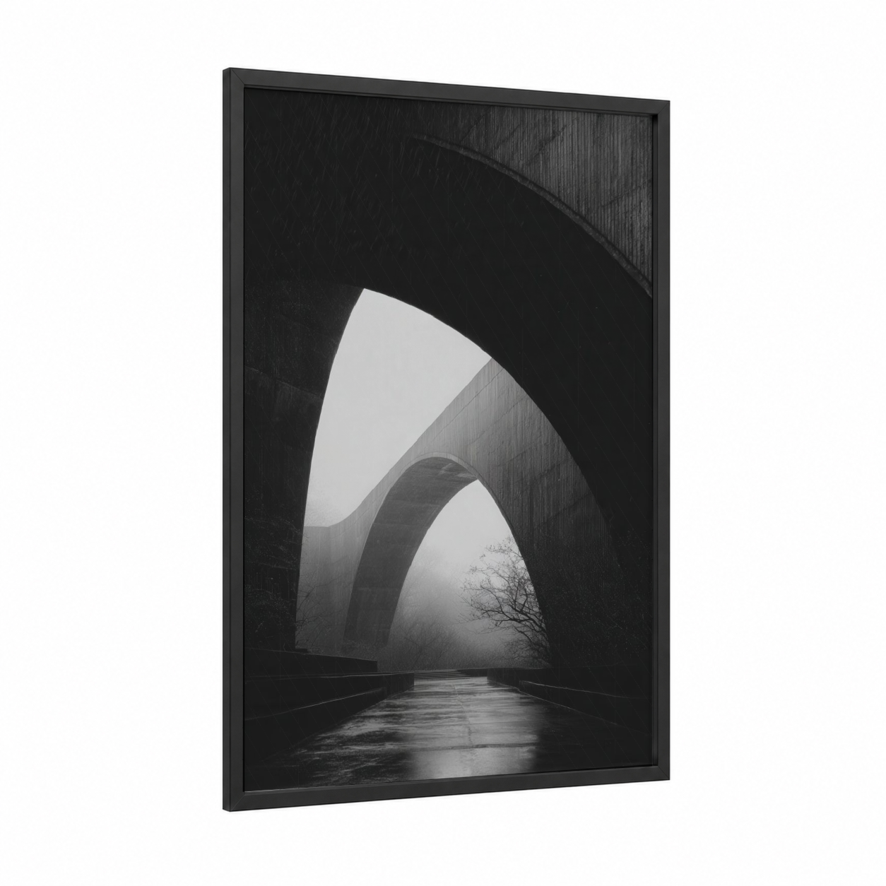 Misty Arch Portal framed art print — black wood frame — black and white palette
