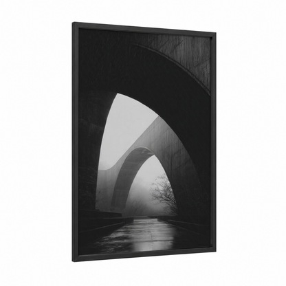 Misty Arch Portal framed art print — black wood frame — black and white palette