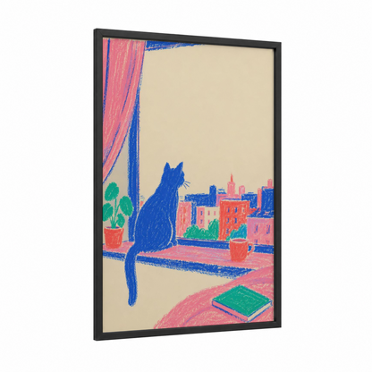Blue Cat Window Cityscape Wall Art framed art print — black wood frame — blue and pink palette