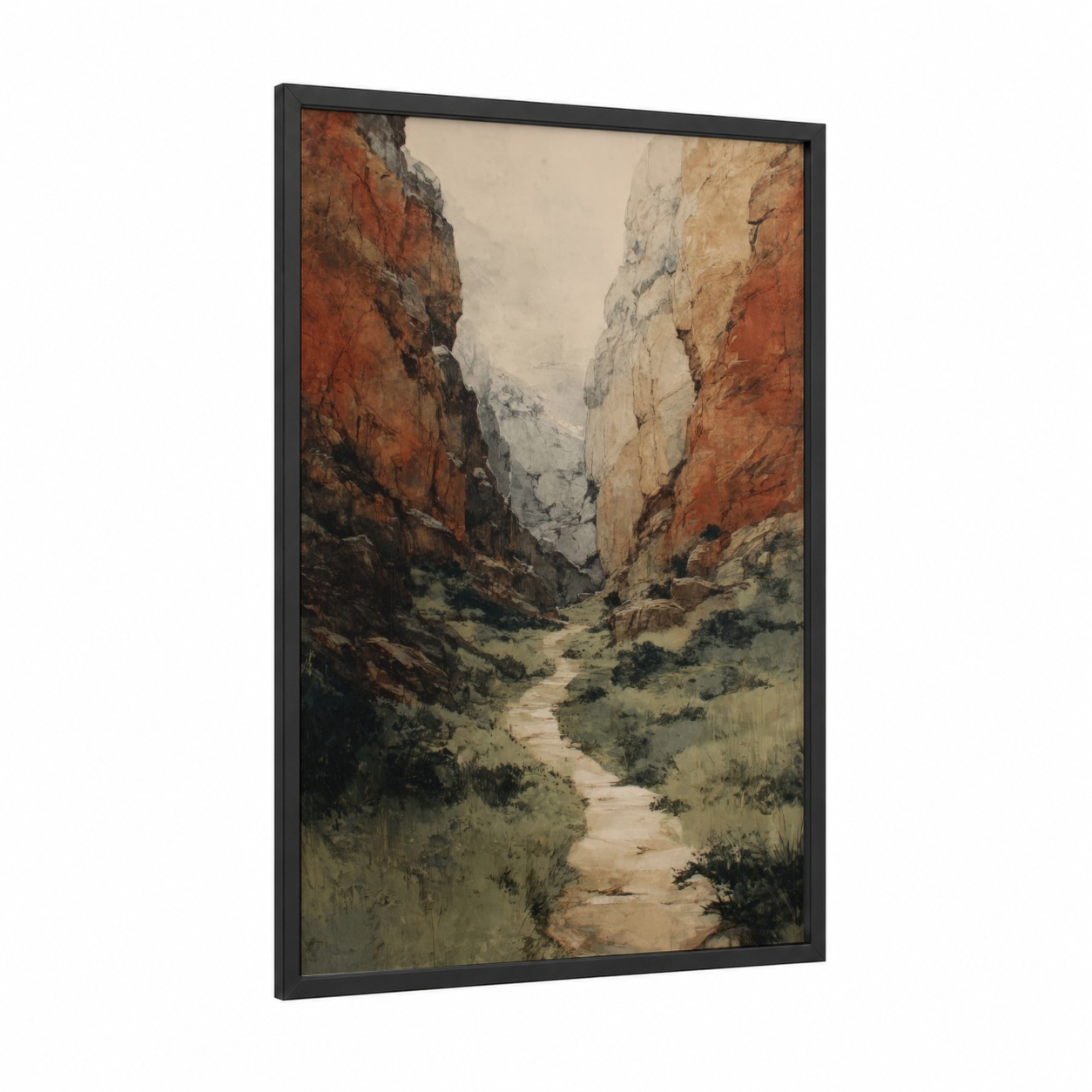Desert Canyon Path framed art print — black wood frame — russet and sage green palette