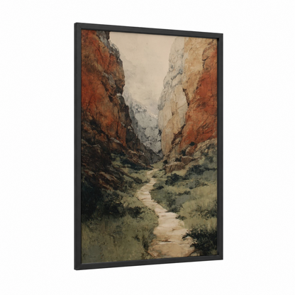 Desert Canyon Path framed art print — black wood frame — russet and sage green palette