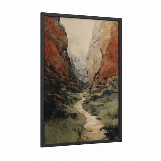 Desert Canyon Path framed art print — black wood frame — russet and sage green palette