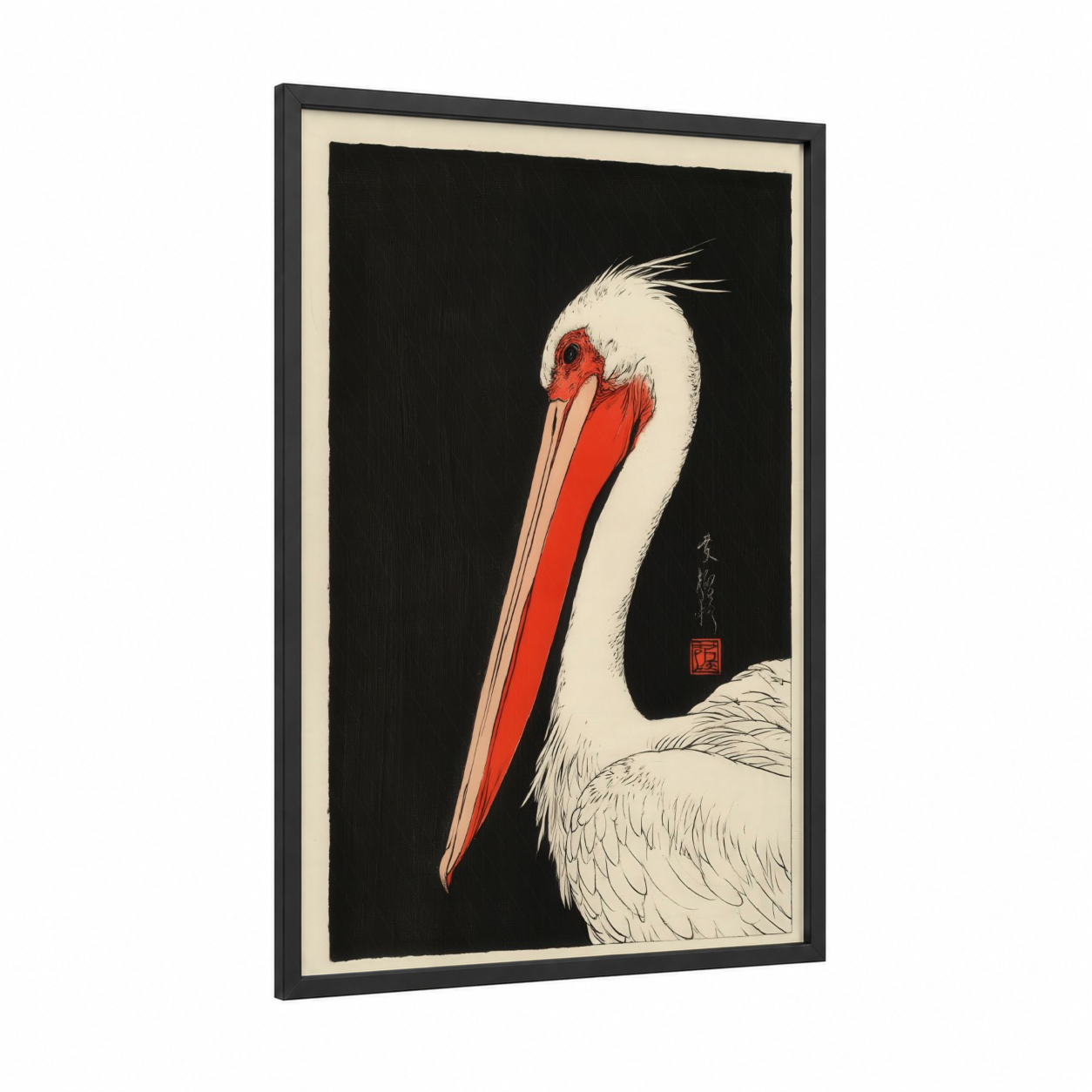 Crimson Pelican framed art print — black wood frame — black and white and red palette