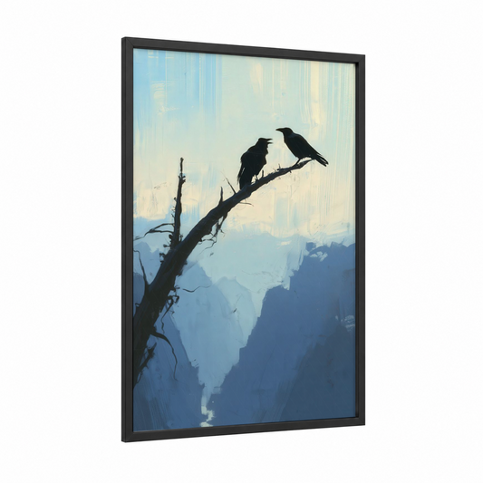 Mountain Ravens framed crows and ravens print — black wood frame — blue and cream palette