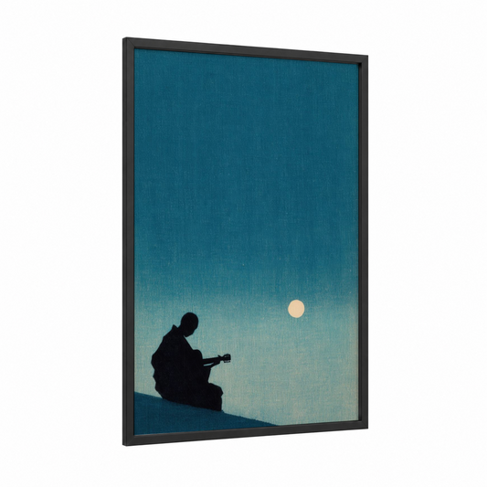 Moonlit Guitarist framed rock'n roll print — black wood frame — teal and peach palette