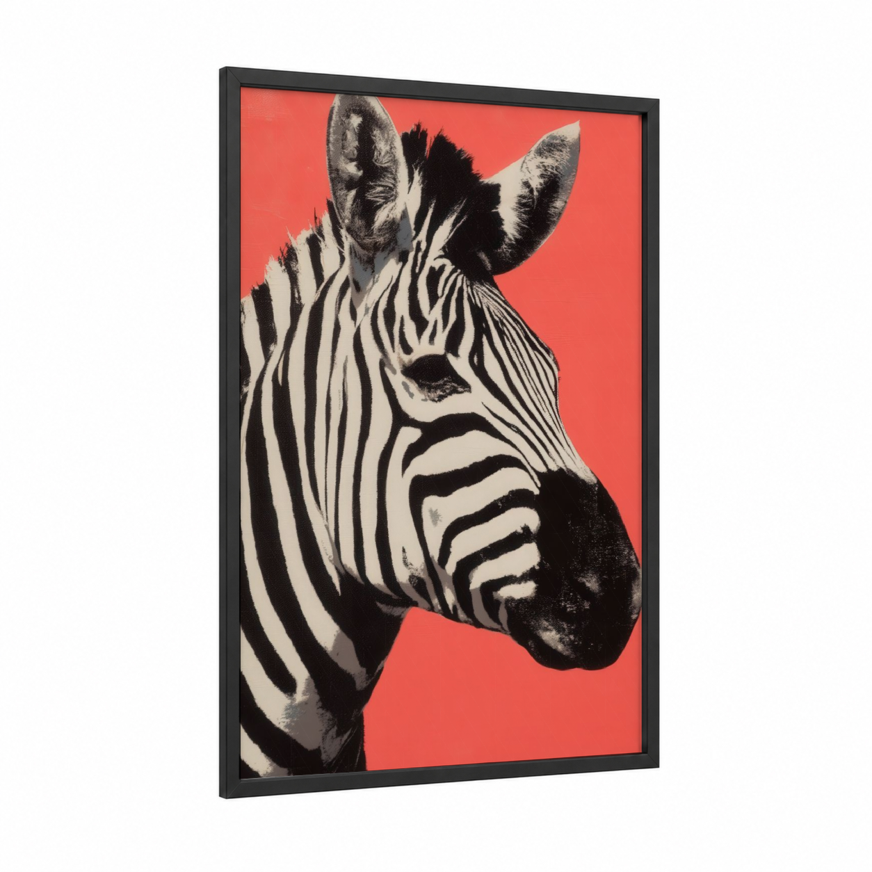 Coral Zebra framed art print — black wood frame — red and black and white palette