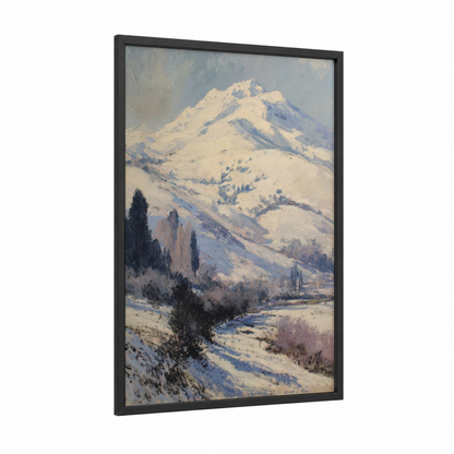 Alpine Winter Peak framed snowy mountains print — black wood frame — white and blue and white palette