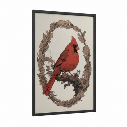 Crimson Cardinal Perch framed art print — black wood frame — red and nobel palette