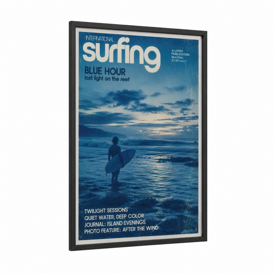 Surfer at Twilight Ocean Wall Art framed water surfing print — black wood frame — blue and dark blue palette