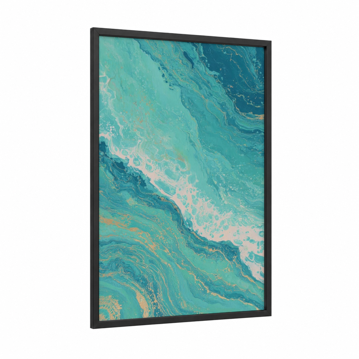 Turquoise Flow framed fitness yoga print — black wood frame — turquoise and gold palette