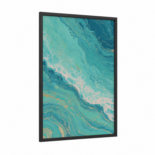 Turquoise Flow framed fitness yoga print — black wood frame — turquoise and gold palette