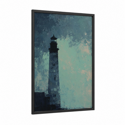 Weathered Lighthouse framed art print — black wood frame — teal and blue and white palette