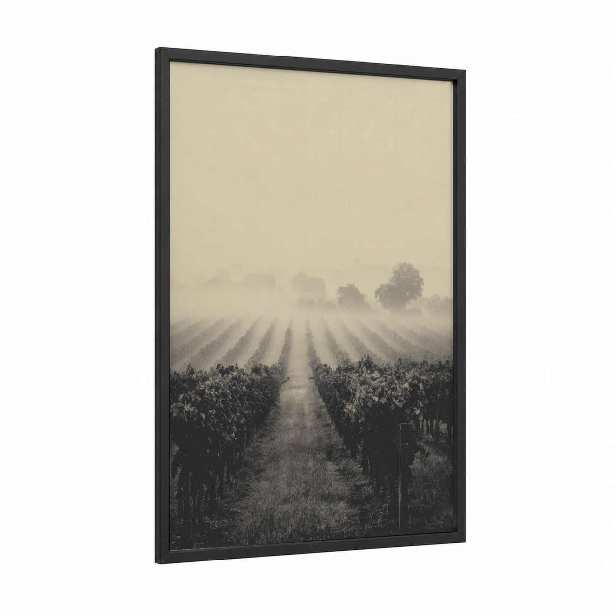 Misty Vineyard framed vineyards print — black wood frame — black and white and gray palette