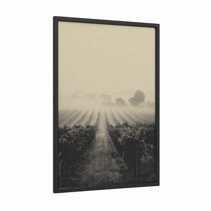 Misty Vineyard framed vineyards print — black wood frame — black and white and gray palette