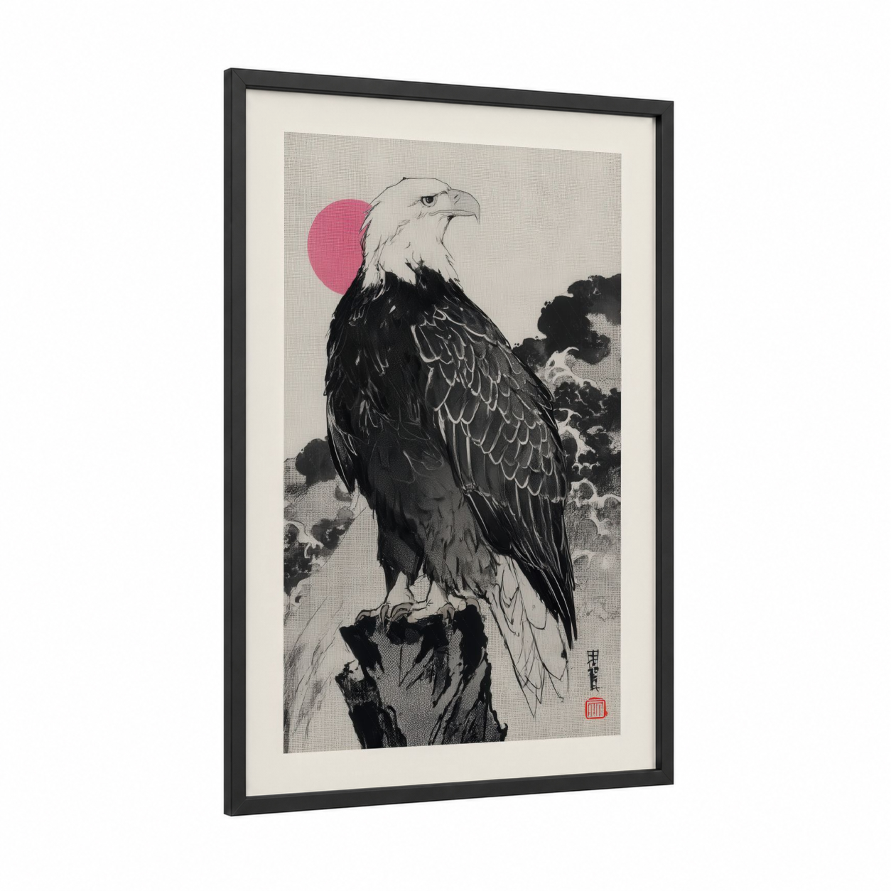 Crimson Moon Eagle framed art print — black wood frame — black and magenta palette