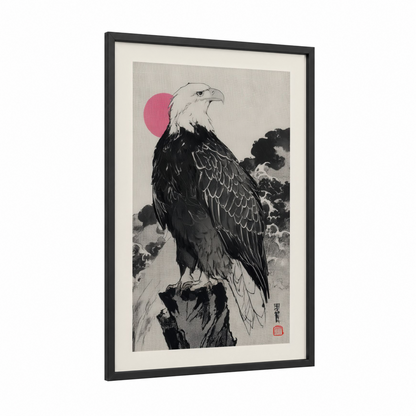 Crimson Moon Eagle framed art print — black wood frame — black and magenta palette