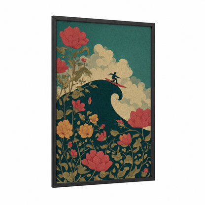 Floral Wave Surfer framed water surfing print — black wood frame — teal and salmon pink palette