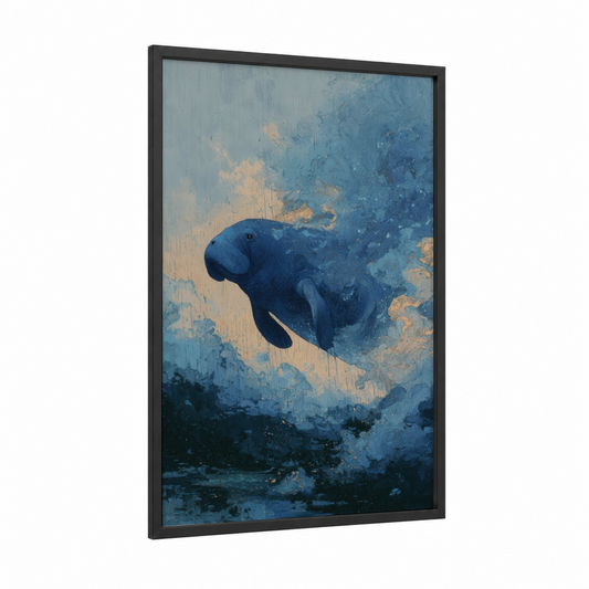 Ethereal Manatee framed manatees print — black wood frame — blue and gold palette