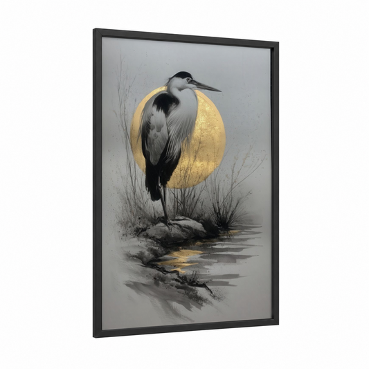 Moonlit Heron framed art print — black wood frame — gray and white and gold palette