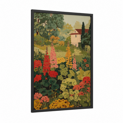 Cottage Geranium Garden framed art print — black wood frame — gold and green palette