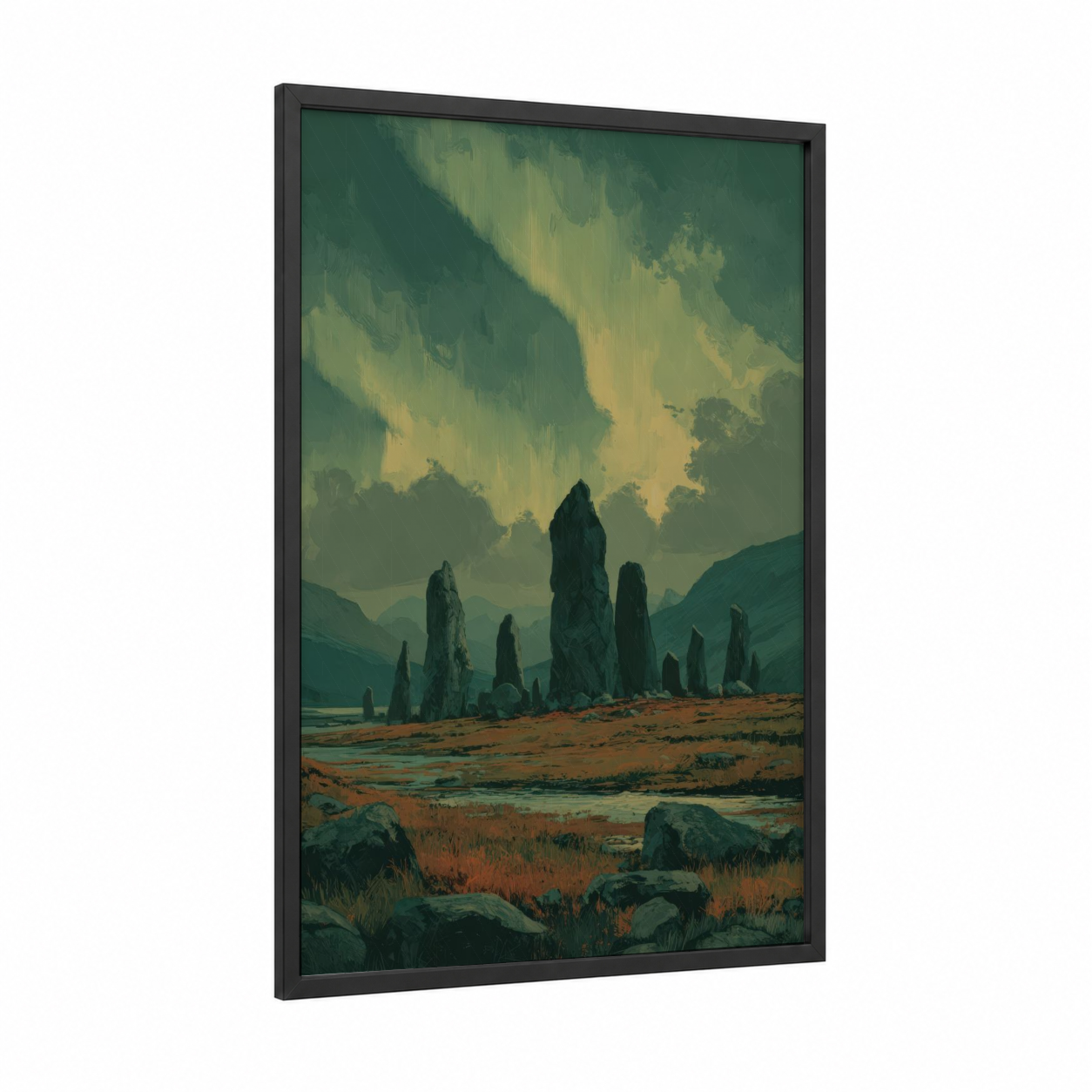 Emerald Aurora framed northern lights print — black wood frame — teal and gold palette