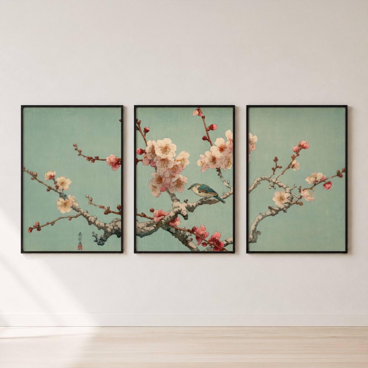 Cherry Blossom Bird Triptych Wall Art Set — set hero