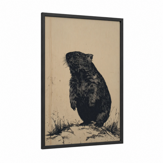 Upright Wombat framed art print — black wood frame — black and cream palette