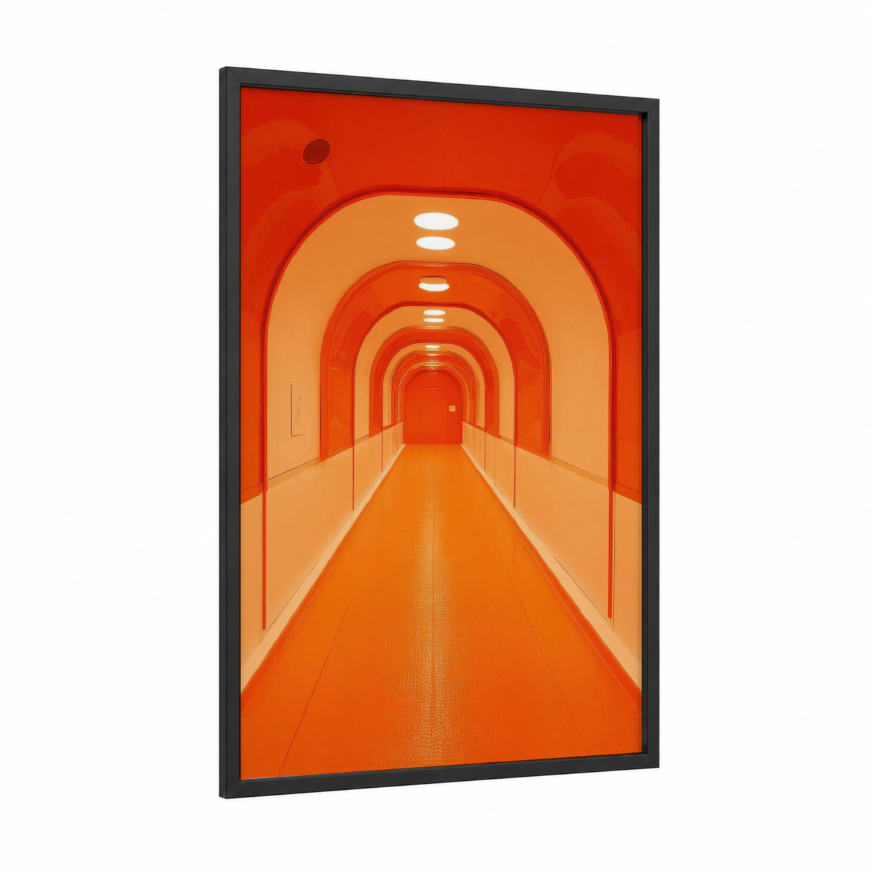 Crimson Modern Tunnel framed art print — black wood frame — red and orange palette