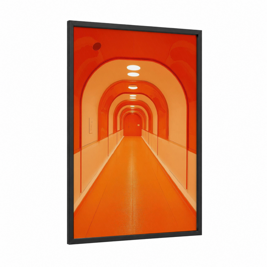 Crimson Modern Tunnel framed art print — black wood frame — red and orange palette