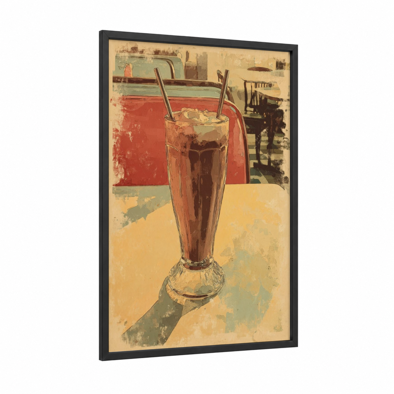 Retro Cola Float framed milkshake print — black wood frame — cream and russet palette