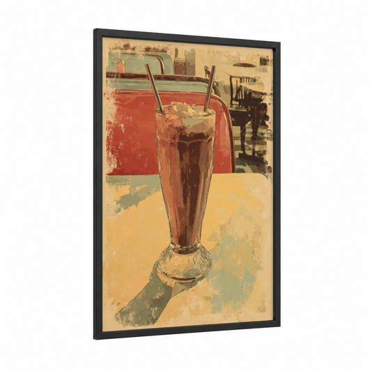 Retro Cola Float framed milkshake print — black wood frame — cream and russet palette