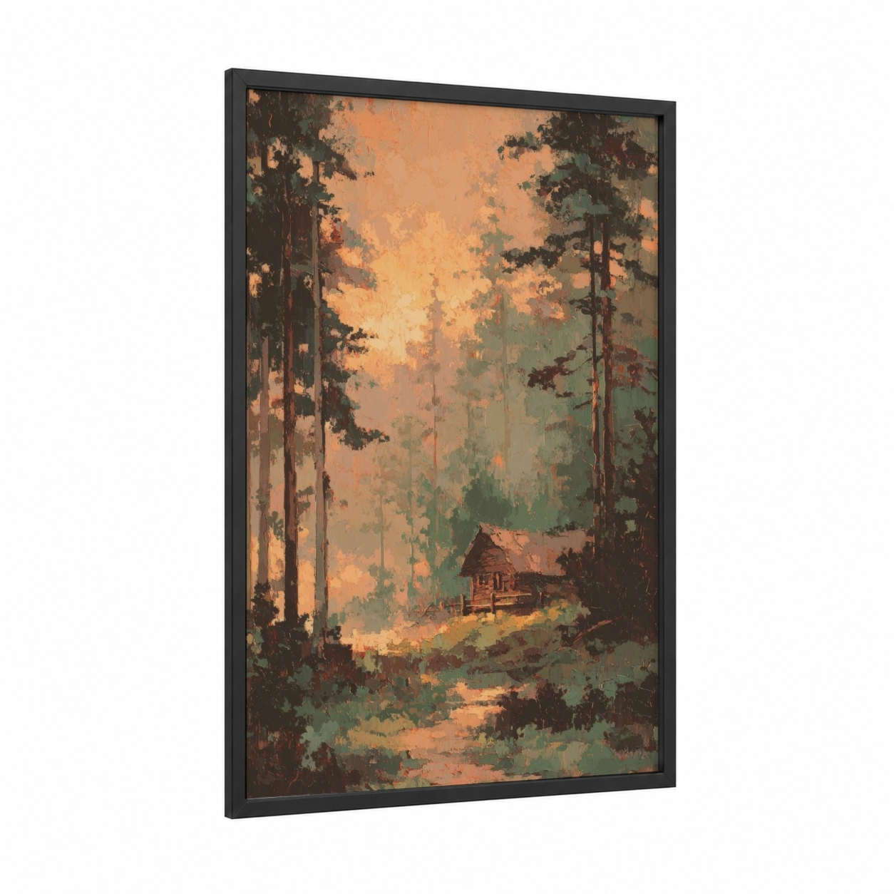 Golden Cedar Refuge framed cedar forest print — black wood frame — gold and sage green palette