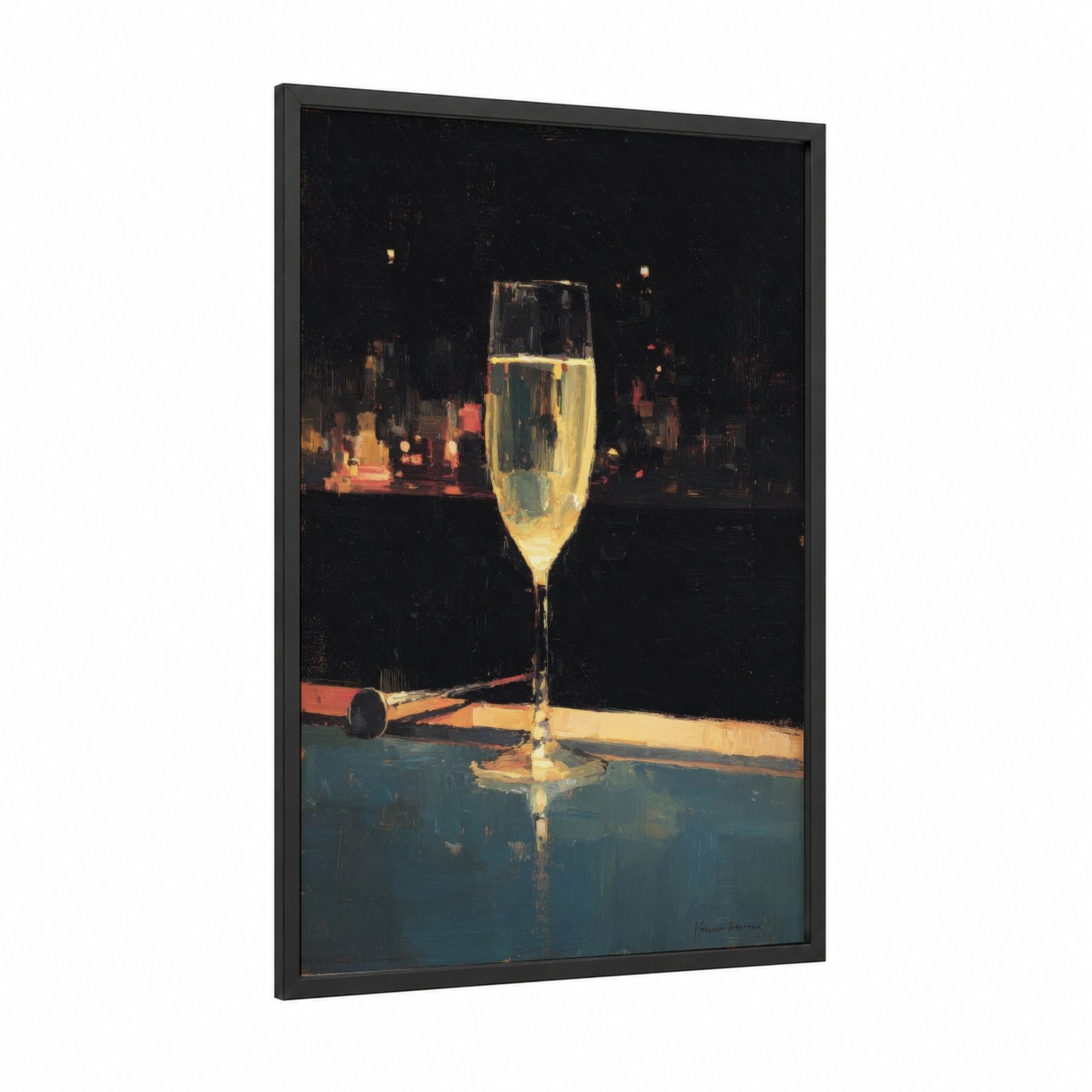 Champagne Celebration framed new years eve print — black wood frame — gold and black palette