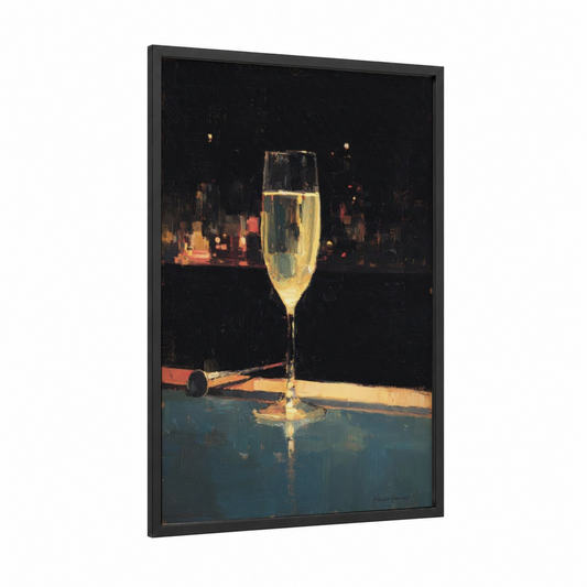 Champagne Celebration framed new years eve print — black wood frame — gold and black palette