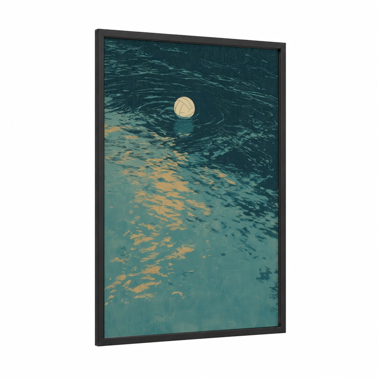 Golden Water Polo framed art print — black wood frame — teal and gold palette