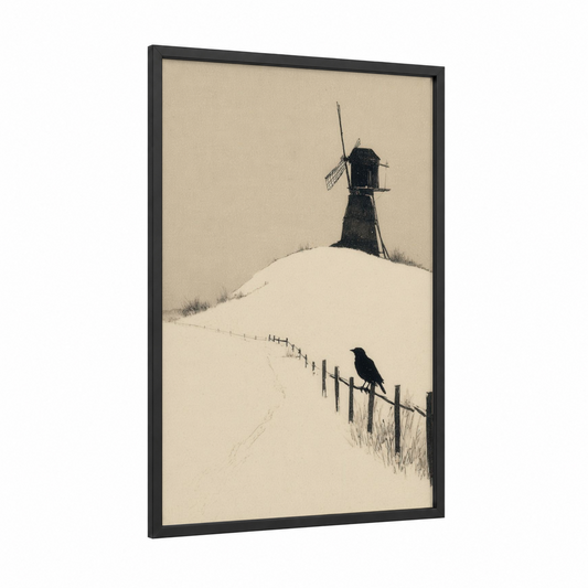 Snowy Windmill framed windmills print — black wood frame — cream and black and white palette