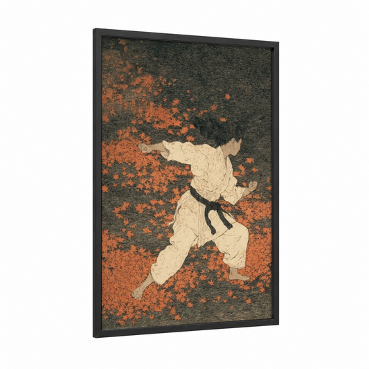 Dynamic Karate Warrior framed art print — black wood frame — orange and dark green palette