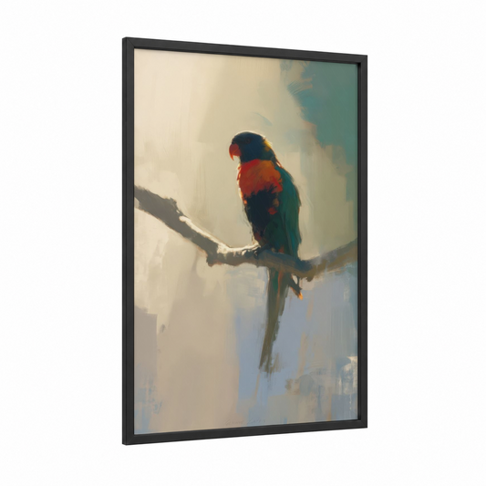 Golden Lorikeet framed rainbow lorikeet print — black wood frame — cream and teal palette