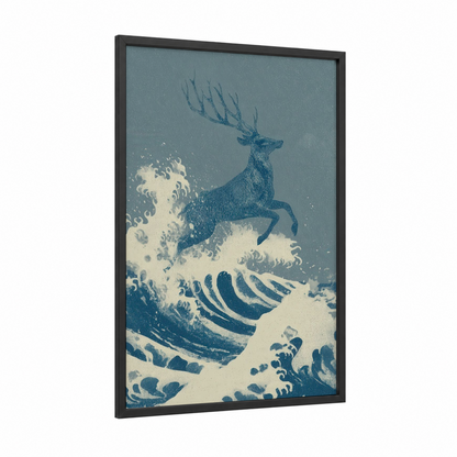 Wave Leaping Reindeer framed art print — black wood frame — blue and white palette